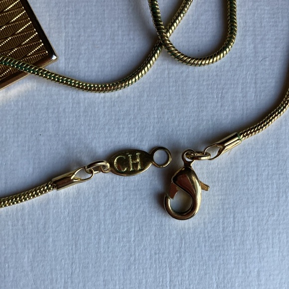Vintage Gold Tone CH Carolina Herrera Square Filigree Pendant Long Necklace - Picture 5 of 10